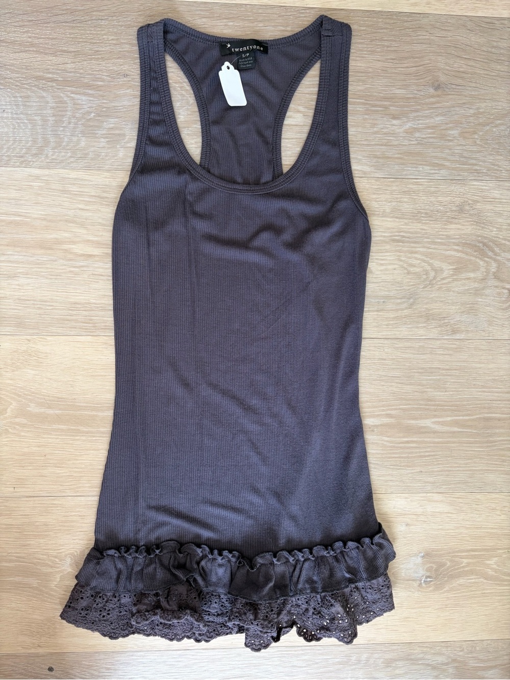 Y2K Twentyone Charcoal Ribbed Lace Ruffle Racerback Tank Size S - Picture 2 of 6